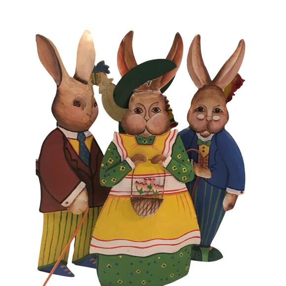 Vintage Dept 56 Rustic Trio Of Easter Bunny’s Metal Hand Painted Dressed In Best - Picture 3 of 10